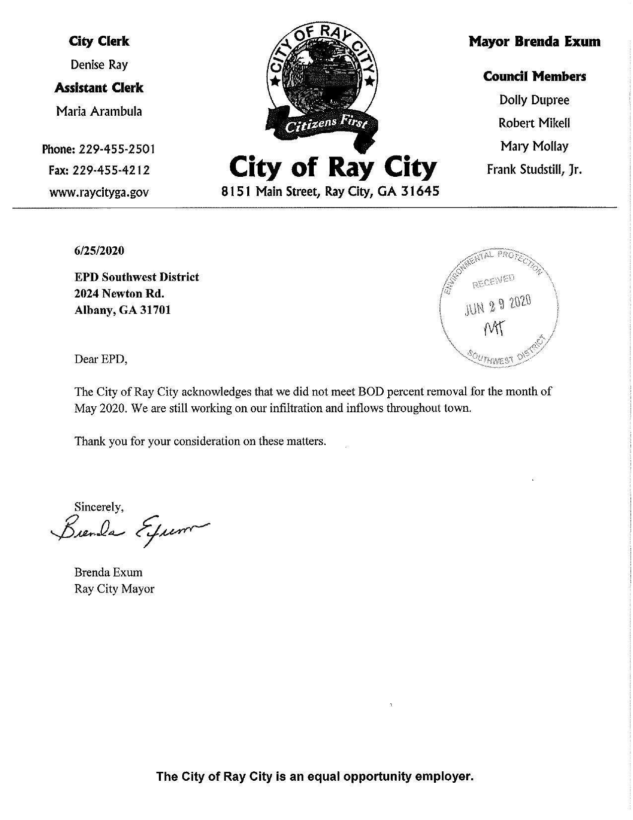 The City of Ray City acknowledges that we did not meet BOD percent removal for the month of