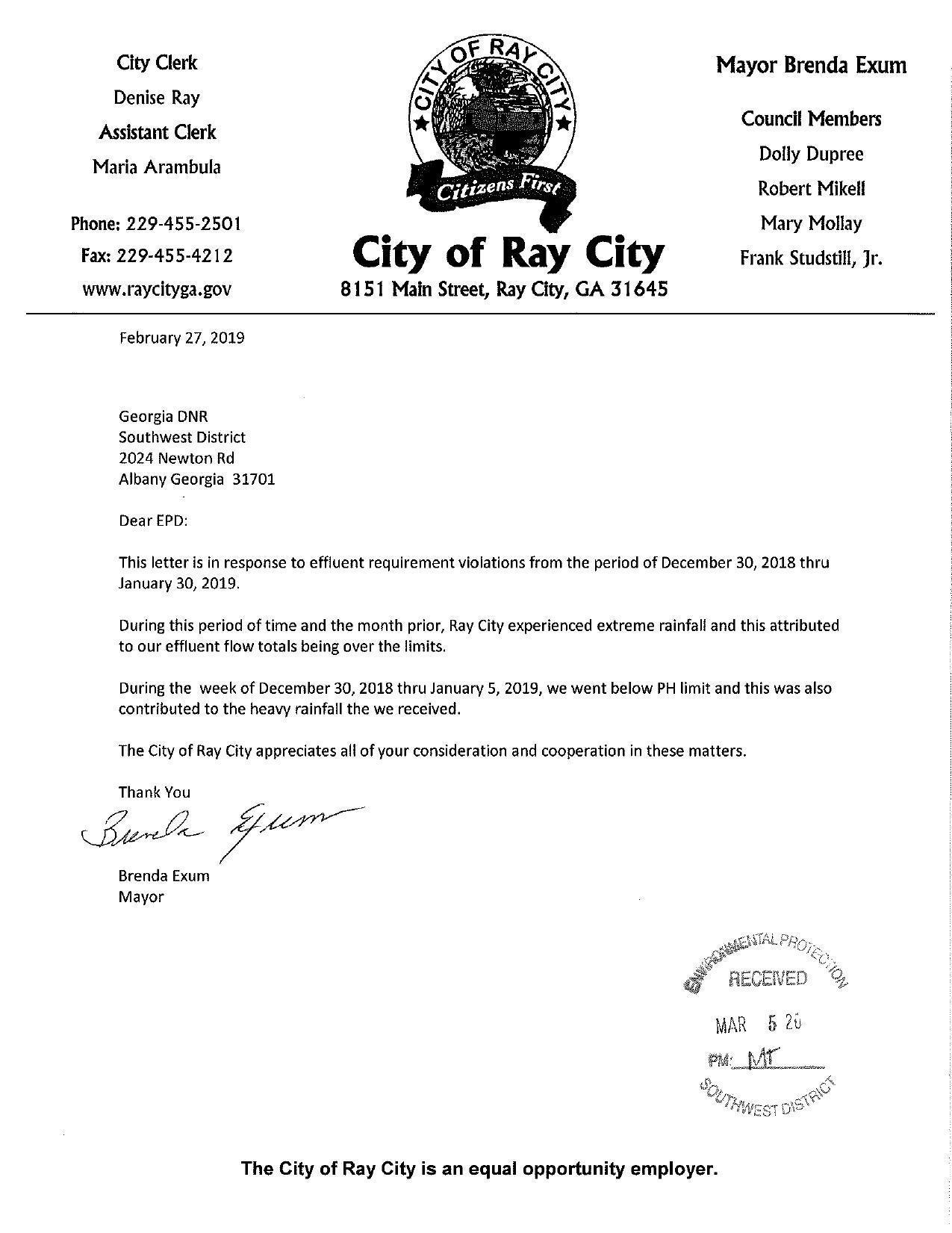 This letter is in response to effluent requirement violations from the period of December 30, 2018 thru