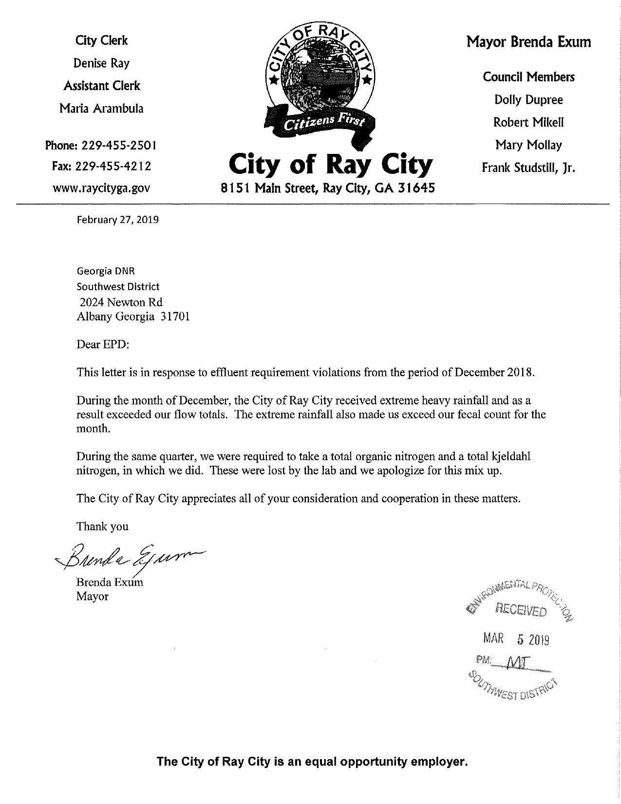 This letter is in response to effluent requirement violations from the period of December 2018.