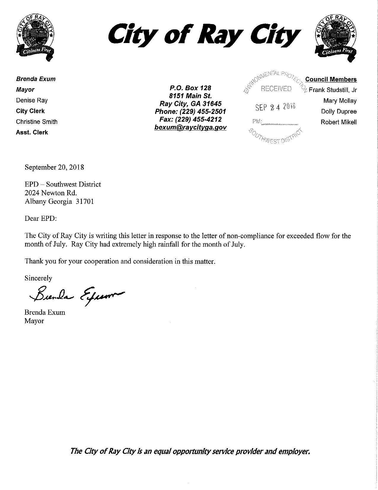 The City of Ray City is writing this letter in response to the letter of non-compliance for exceeded flow for the