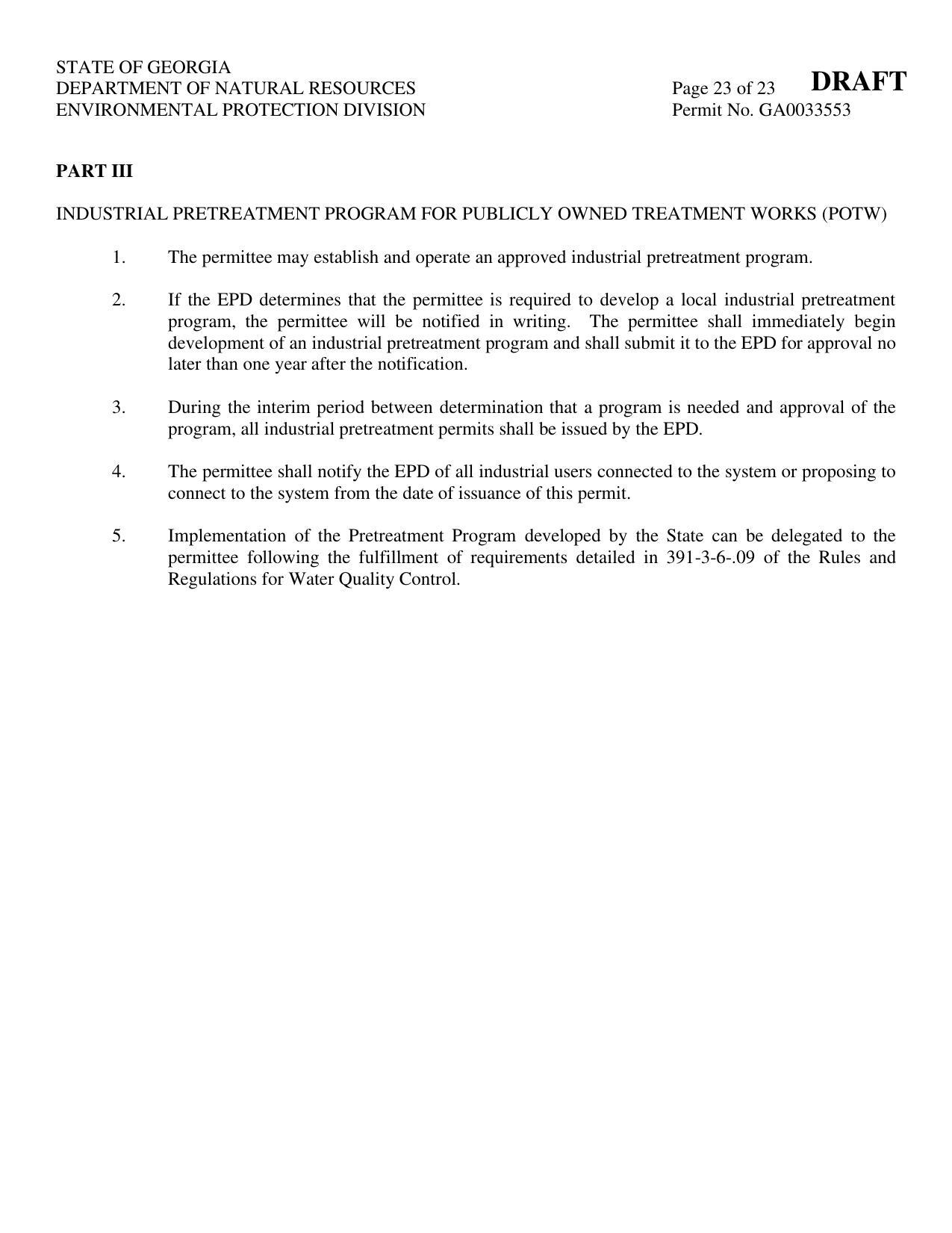 PART III INDUSTRIAL PRETREATMENT PROGRAM FOR PUBLICLY OWNED TREATMENT WORKS (POTW)