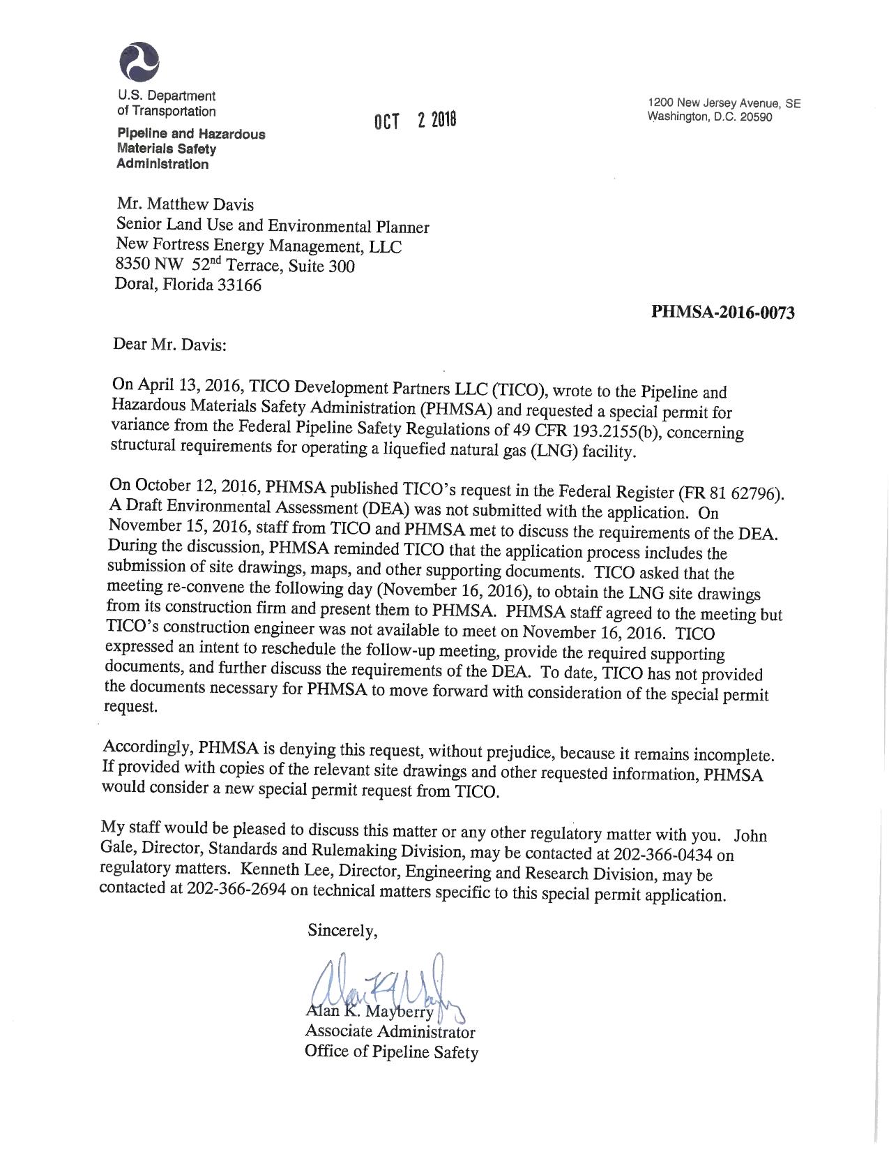 LNG--TITUSVILLE--PHMSA--LETTER-DENYING-APPLICATION--10.02.18-0001