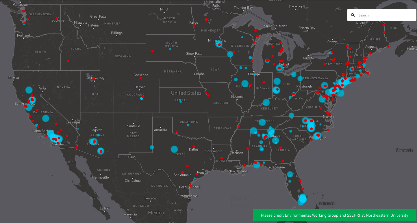 Map: TOXIC FLUORINATED CHEMICALS IN TAP WATER AND AT INDUSTRIAL OR MILITARY SITES, by EWG.