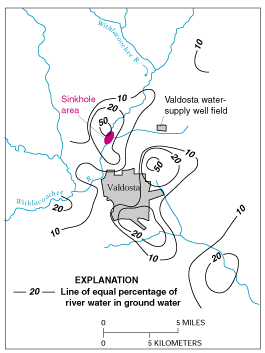 Figure E-1. Estimated percentage of Withlacoochee River water in ground water in the Upper Floridan aquifer, June 1991. (Modified from Plummer and others, 1998.)