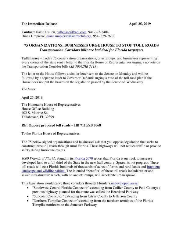 [PRESS-RELEASE 75-GROUPS-URGE-HOUSE-TO-STOP-TOLLWAY-PLAN 04-25-19-0001]