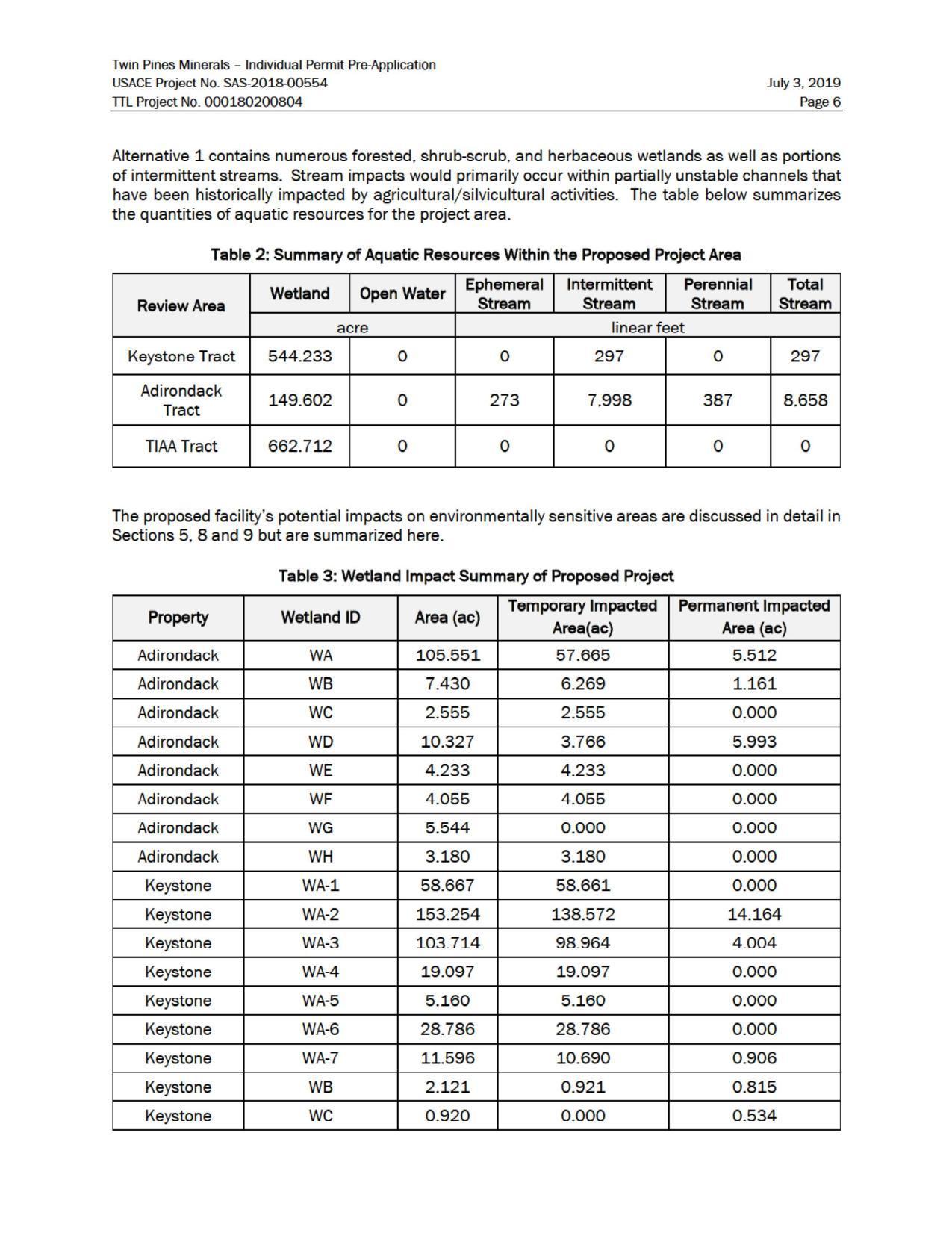 Table 2: Aquatic Resources; Table 3: Wetland Impact