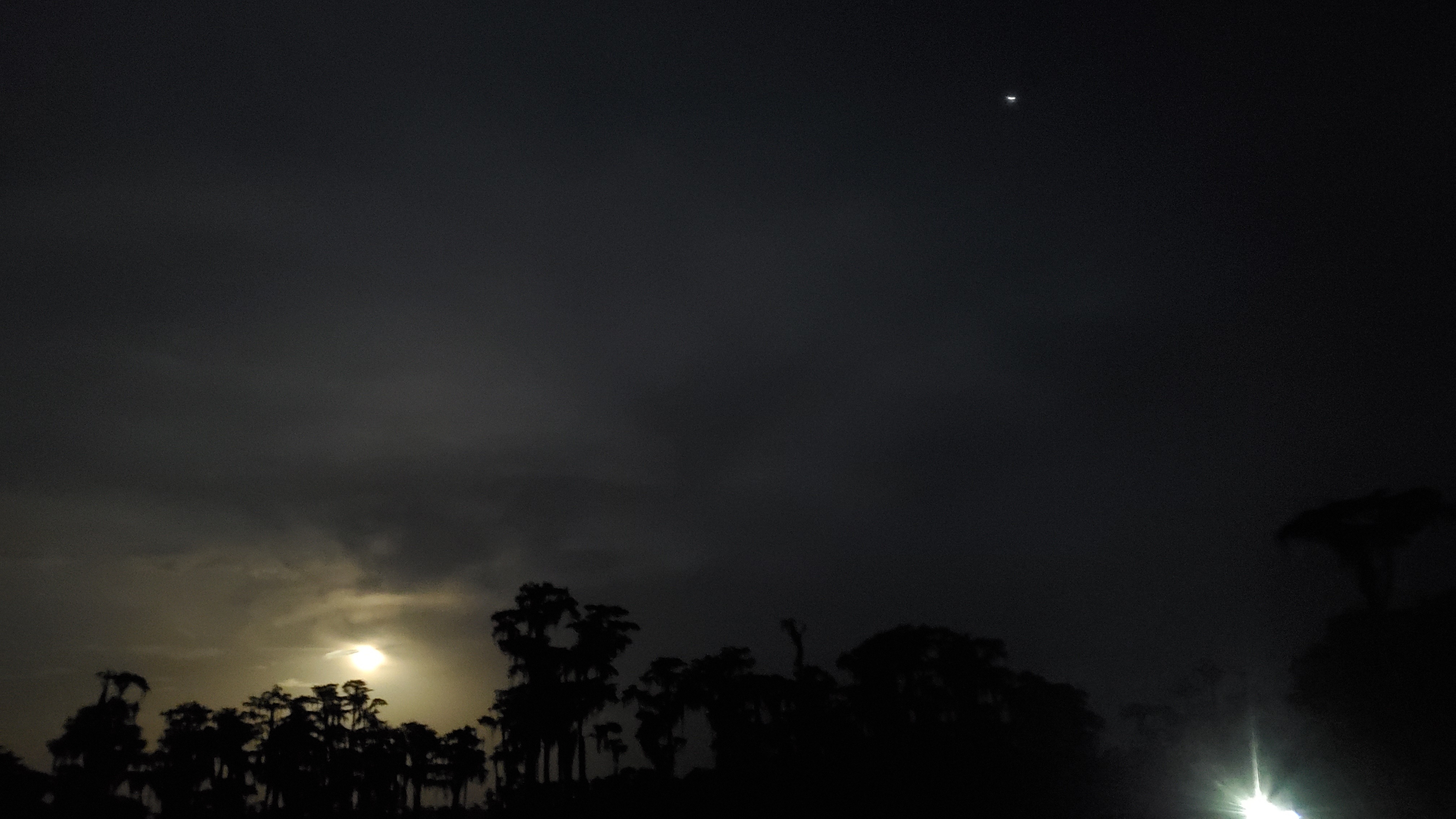 Moon, Jupiter, boat light