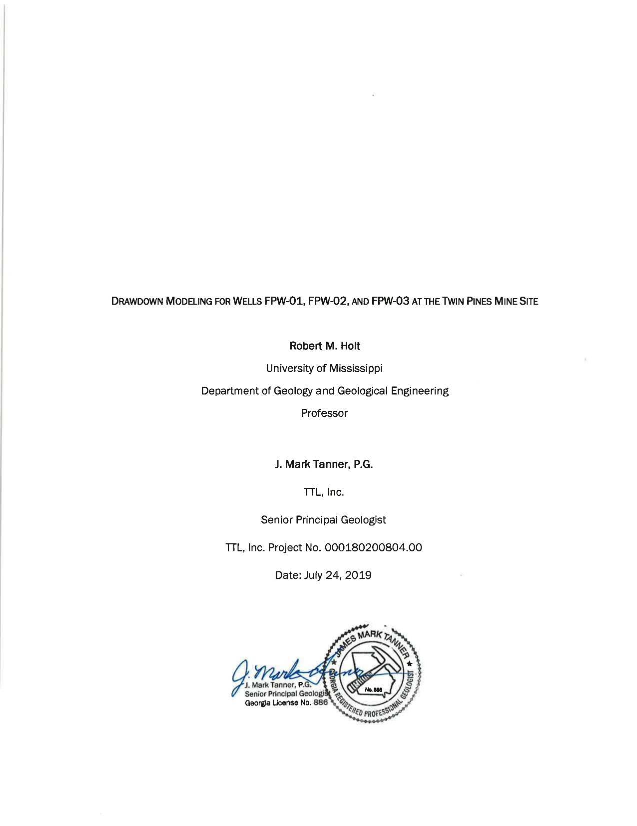 DRAWDOWN MODELING FOR WELLS FPW-01, FPW-02, AND FPW-03 AT THE TWIN PINES MINE SITE