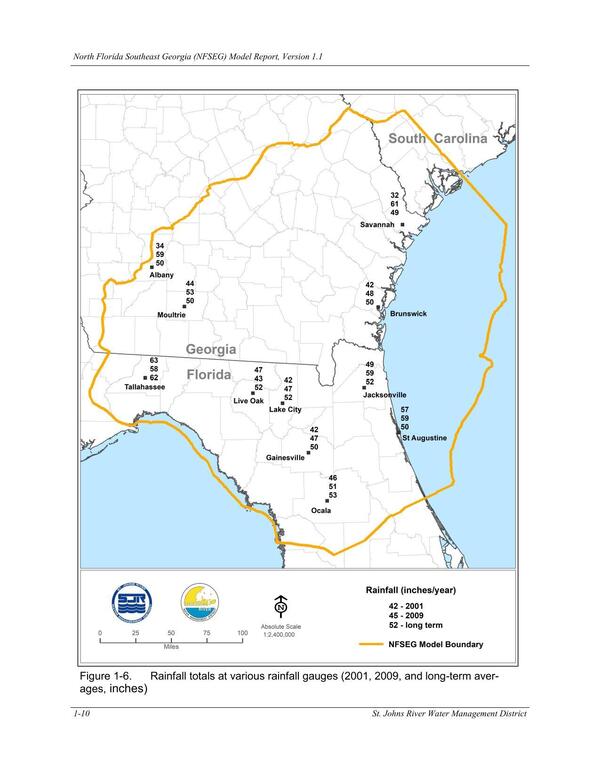 Figure 1-6. Rainfall totals at various rainfall gauges (2001, 2009, and long-term aver-