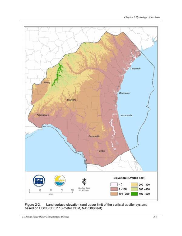 Figure 2-2. Land-surface elevation (and upper limit of the surficial aquifer system;