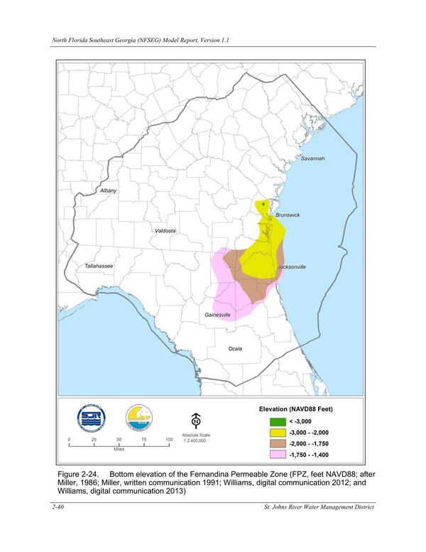 Figure 2-24. Bottom elevation of the Fernandina Permeable Zone (FPZ, feet NAVD88; after