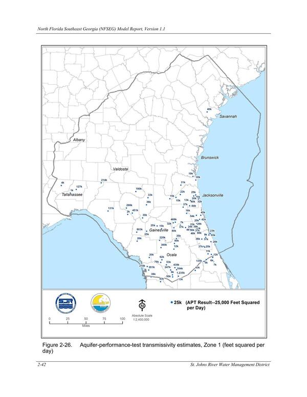 Figure 2-26. Aquifer-performance-test transmissivity estimates, Zone 1 (feet squared per