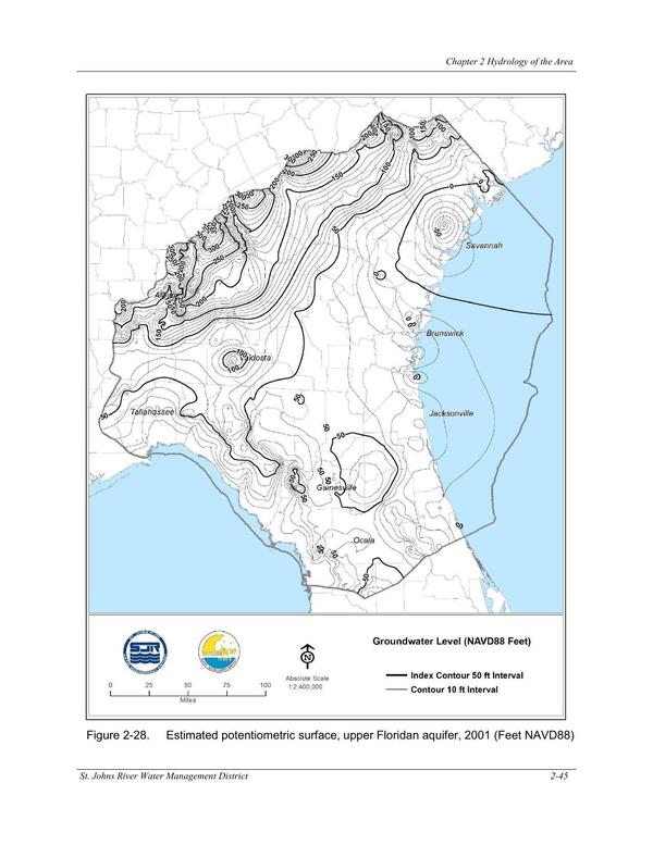 Figure 2-28. Estimated potentiometric surface, upper Floridan aquifer, 2001 (Feet NAVD88)