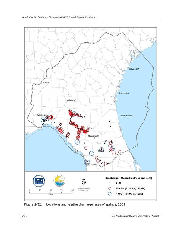 Figure 2-32. Locations and relative discharge rates of springs, 2001