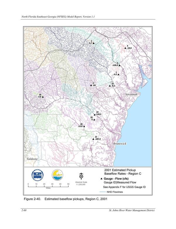 Figure 2-40. Estimated baseflow pickups, Region C, 2001