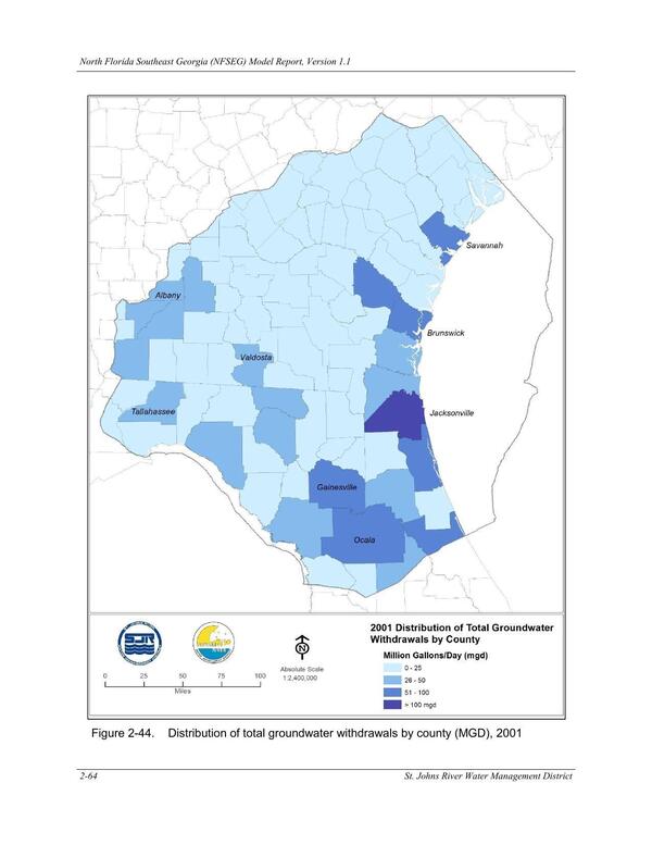 Figure 2-44. Distribution of total groundwater withdrawals by county (MGD), 2001