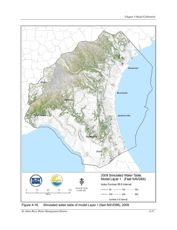 Figure 4-16. Simulated water table of model Layer 1 (feet NAVD88), 2009