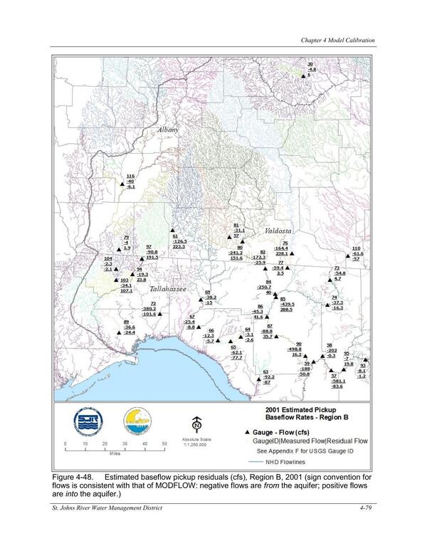 Figure 4-48. Estimated baseflow pickup residuals (cfs), Region B, 2001 (sign convention for