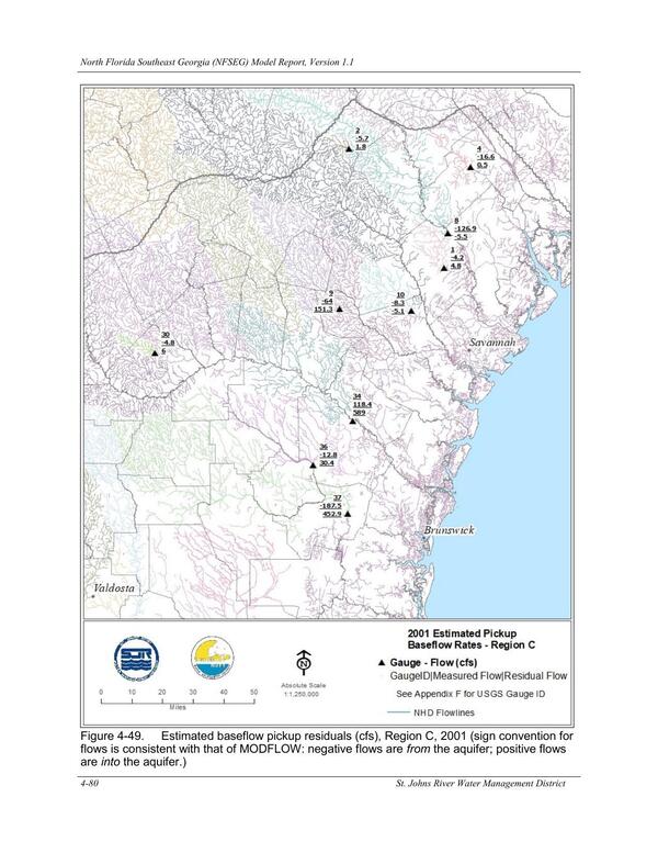 Figure 4-49. Estimated baseflow pickup residuals (cfs), Region C, 2001 (sign convention for