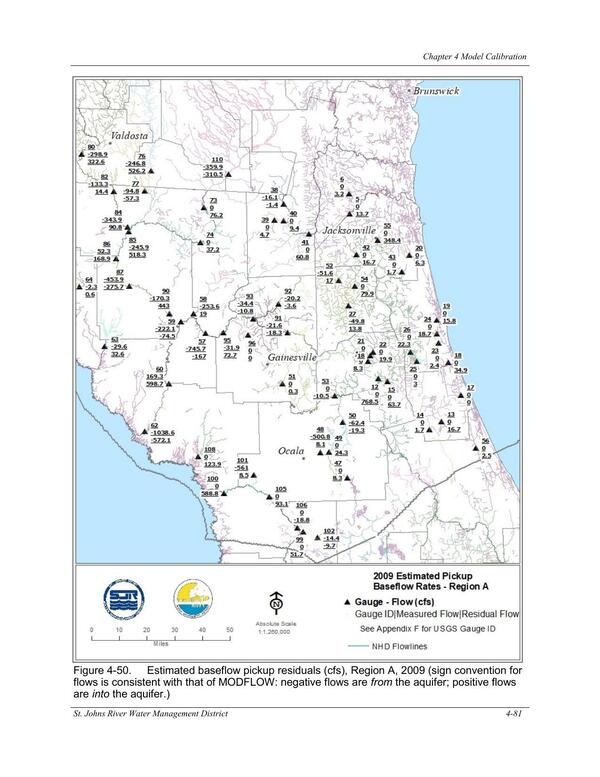 Figure 4-50. Estimated baseflow pickup residuals (cfs), Region A, 2009 (sign convention for