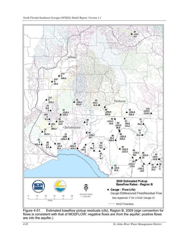 Figure 4-51. Estimated baseflow pickup residuals (cfs), Region B, 2009 (sign convention for