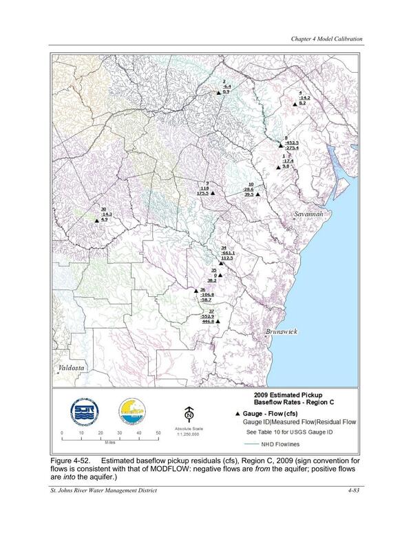 Figure 4-52. Estimated baseflow pickup residuals (cfs), Region C, 2009 (sign convention for