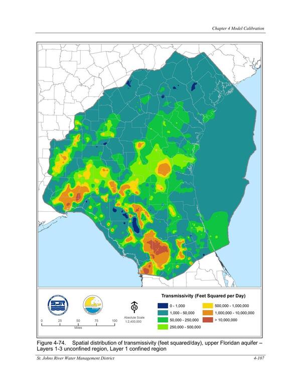 Figure 4-74. Spatial distribution of transmissivity (feet squared/day), upper Floridan aquifer —