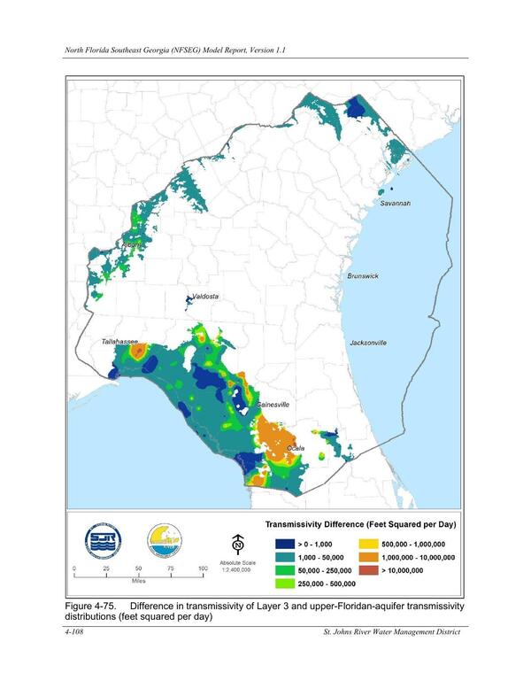 Figure 4-75. Difference in transmissivity of Layer 3 and upper-Floridan-aquifer transmissivity