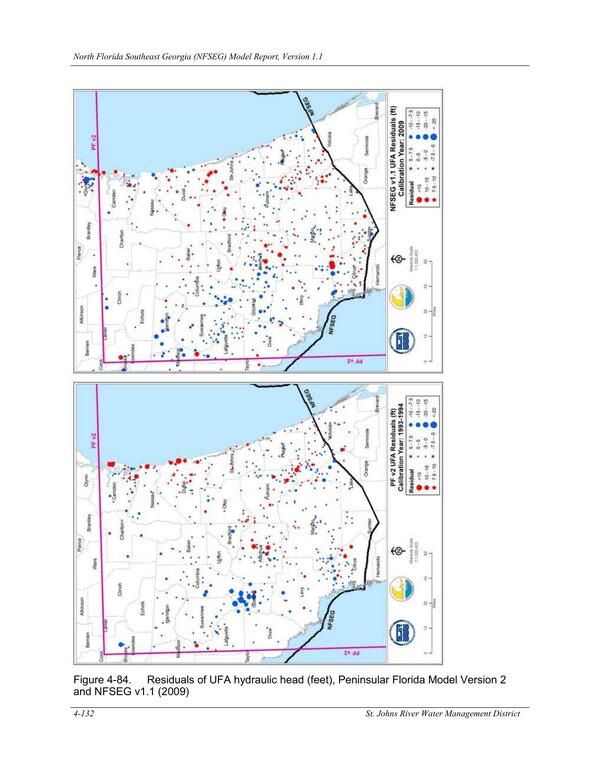 Figure 4-84. Residuals of UFA hydraulic head (feet), Peninsular Florida Model Version 2