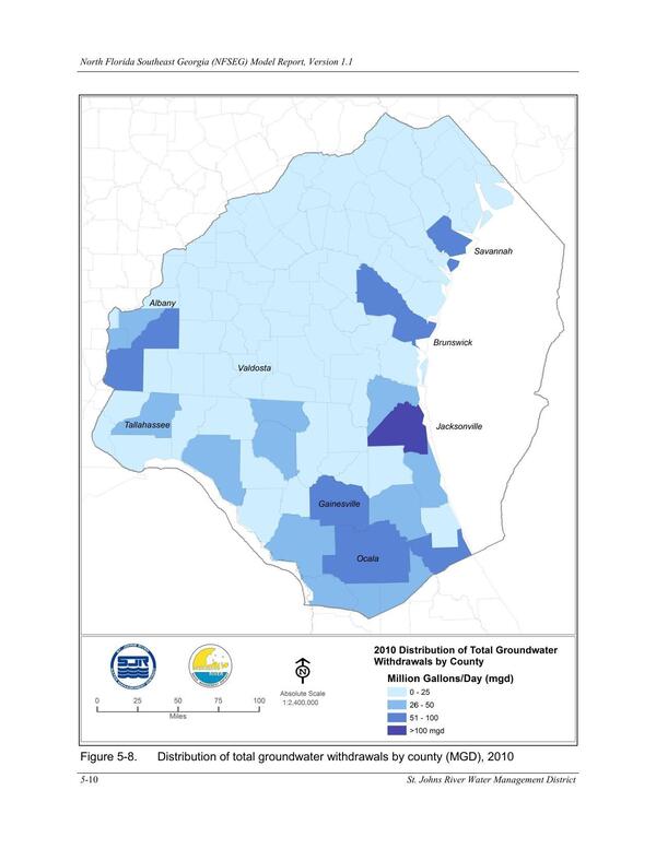 Figure 5-8. Distribution of total groundwater withdrawals by county (MGD), 2010