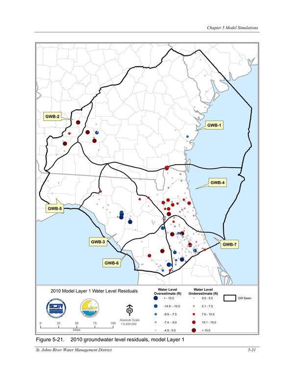 Figure 5-21. 2010 groundwater level residuals, model Layer 1