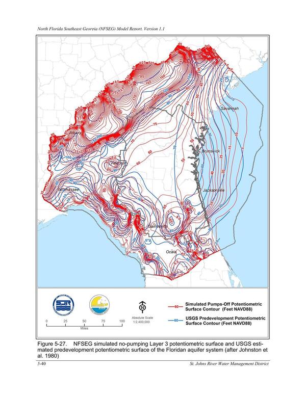 Figure 5-27. NFSEG simulated no-pumping Layer 3 potentiometric surface and USGS esti-