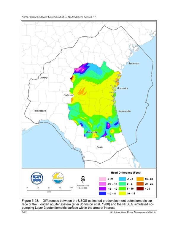 Figure 5-28. Differences between the USGS estimated predevelopment potentiometric sur-