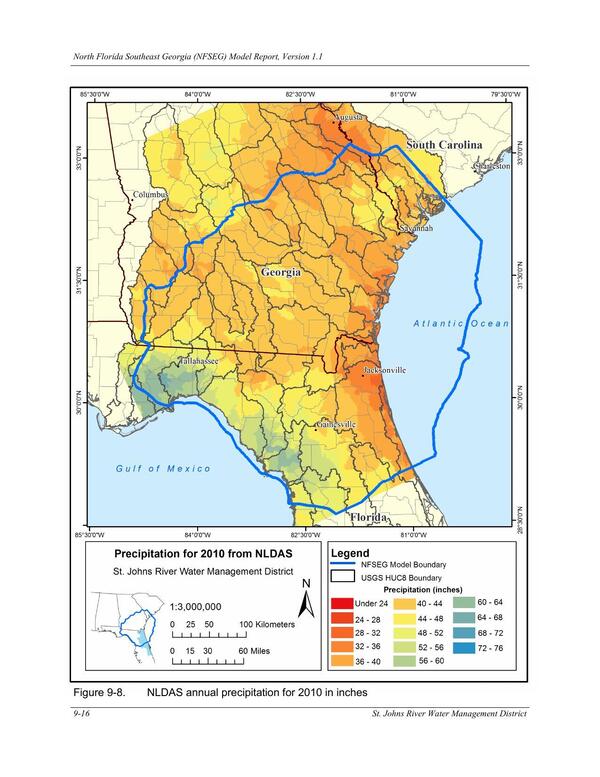 Figure 9-8. NLDAS annual precipitation for 2010 in inches