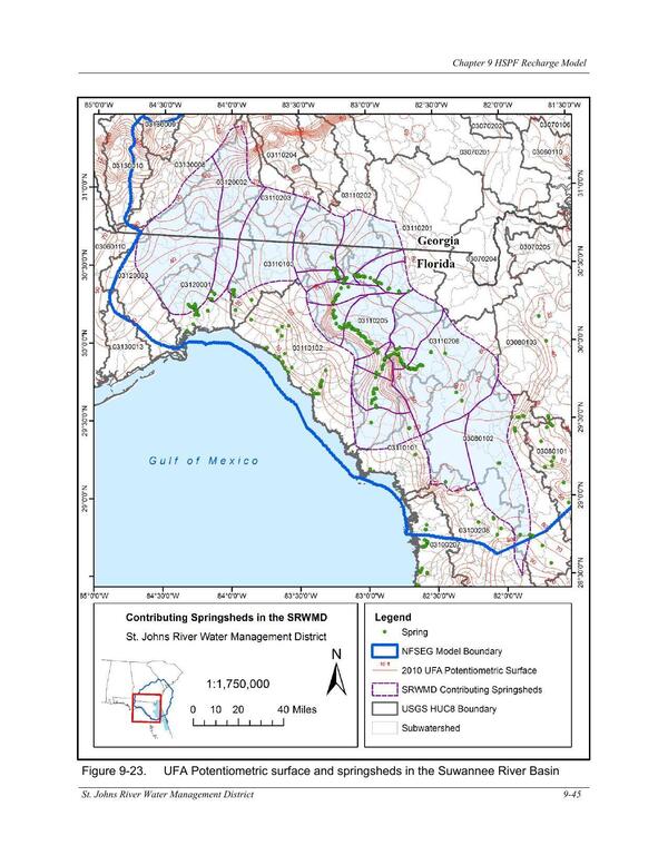 Figure 9-23. UFA Potentiometric surface and springsheds in the Suwannee River Basin