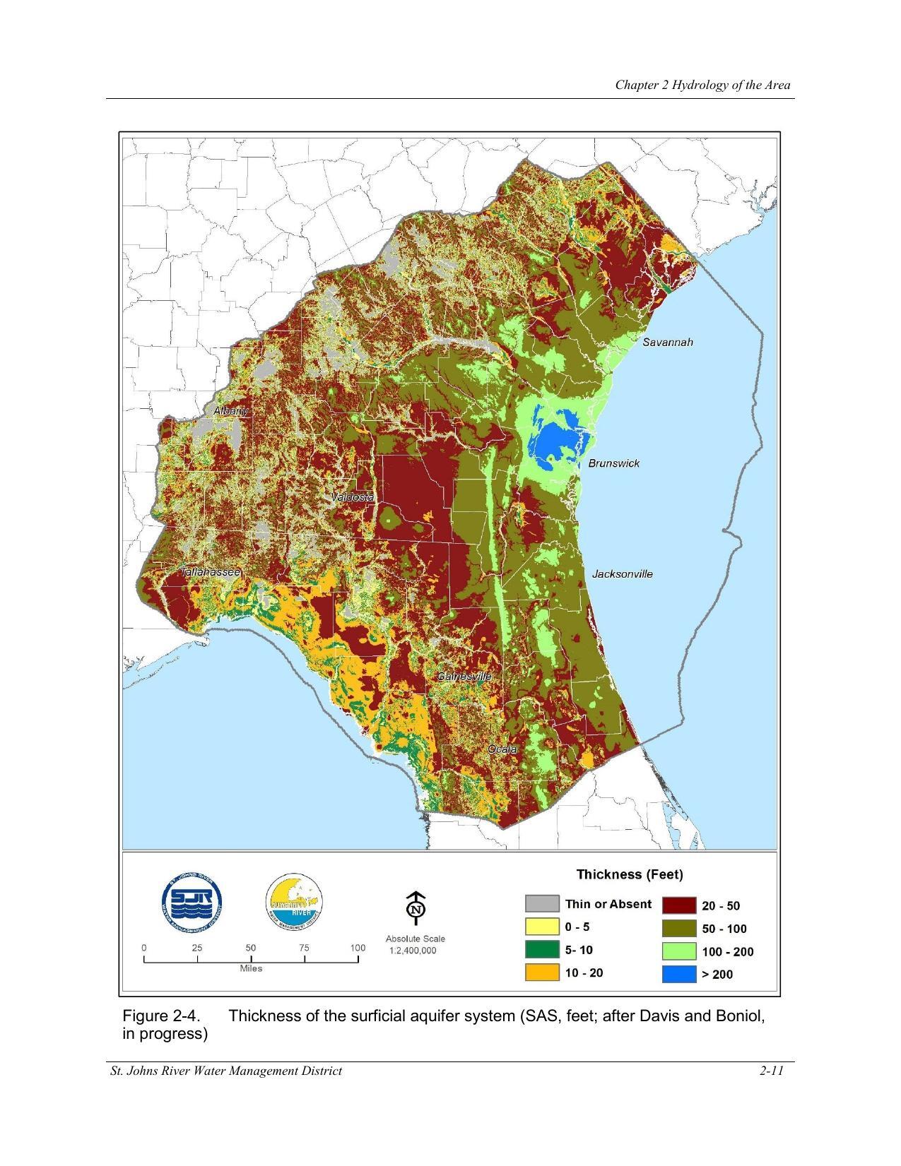 Figure 2-4. Thickness of the surficial aquifer system (SAS, feet; after Davis and Boniol,