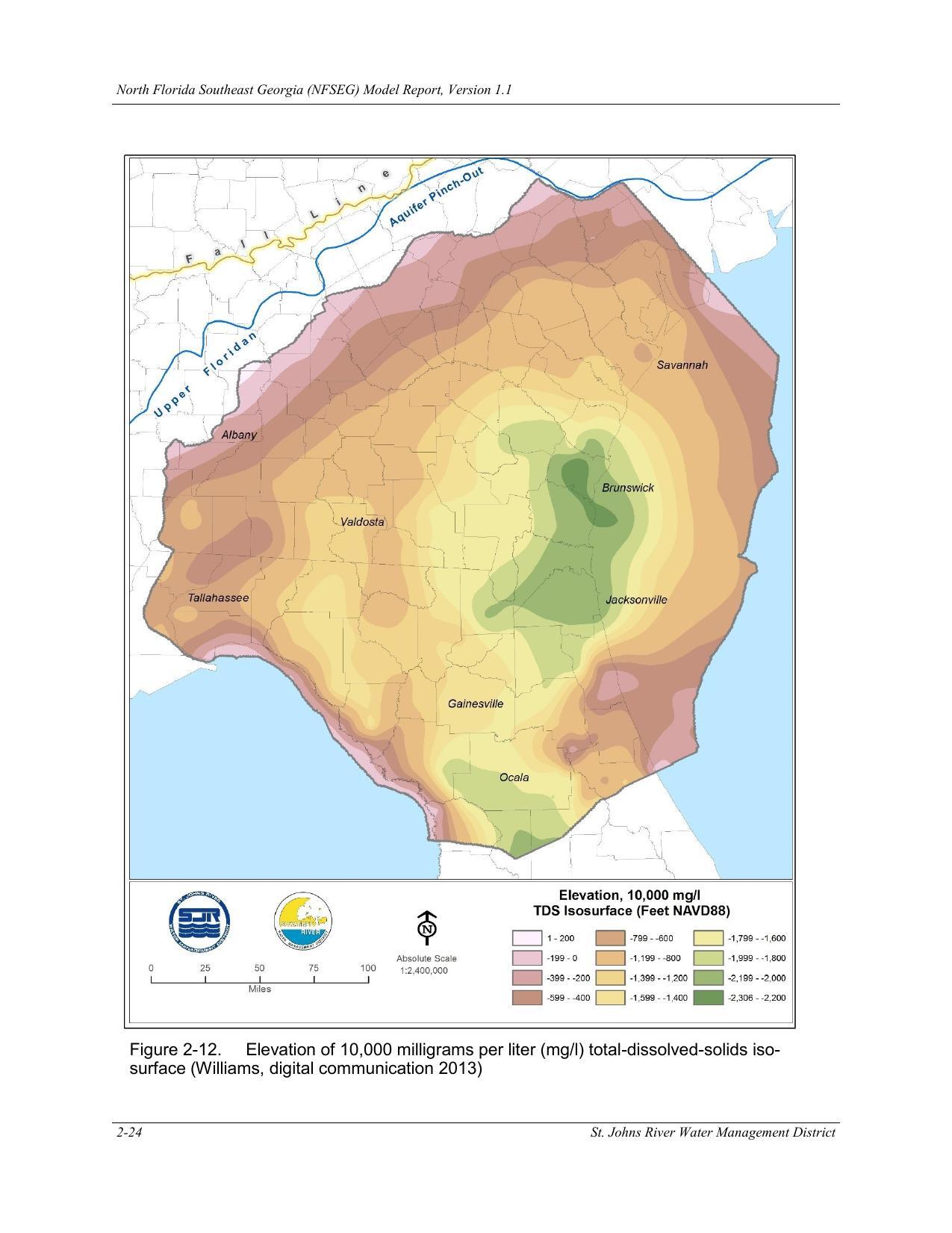 Figure 2-12. Elevation of 10,000 milligrams per liter (mg/l) total-dissolved-solids iso-