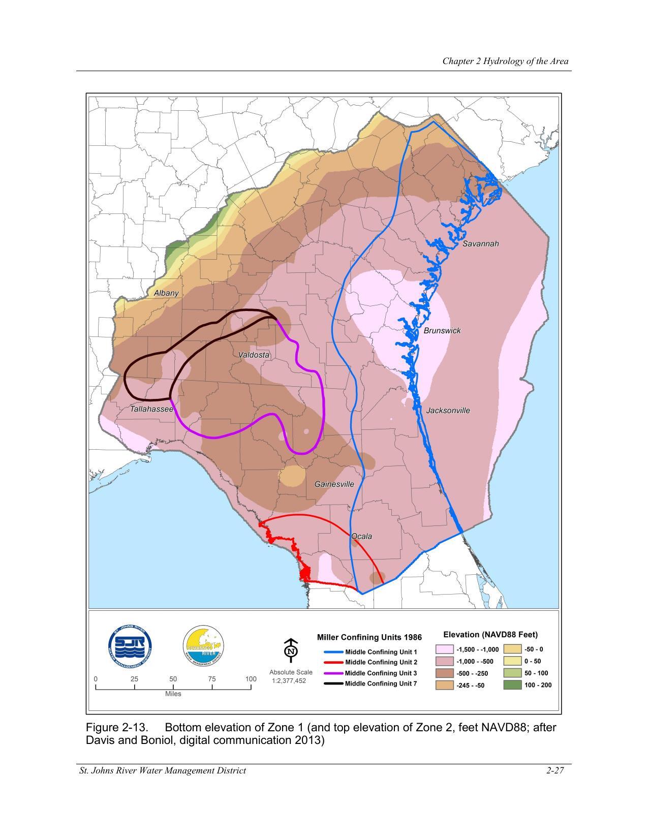 Figure 2-13. Bottom elevation of Zone 1 (and top elevation of Zone 2, feet NAVD88; after