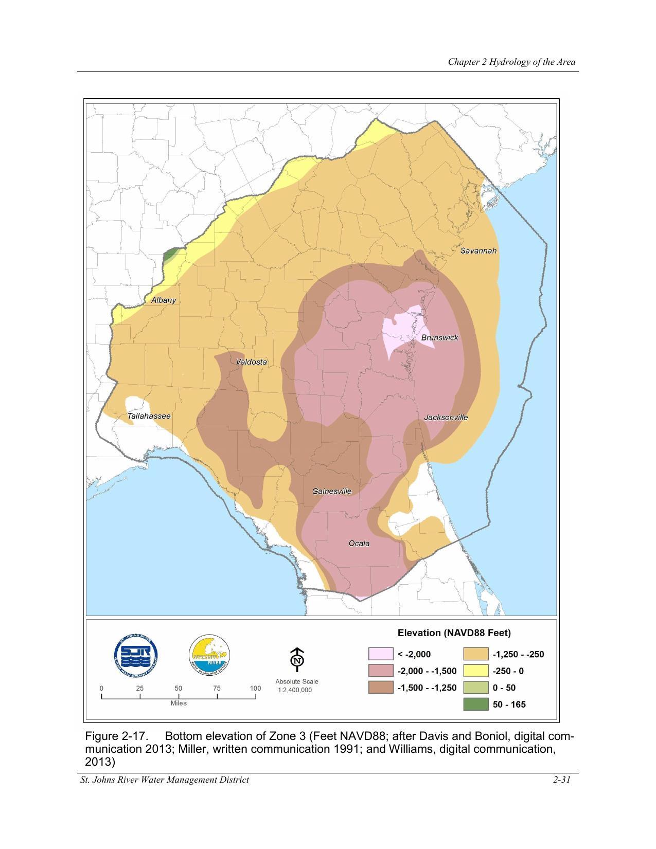 Figure 2-17. Bottom elevation of Zone 3 (Feet NAVD88; after Davis and Boniol, digital com-