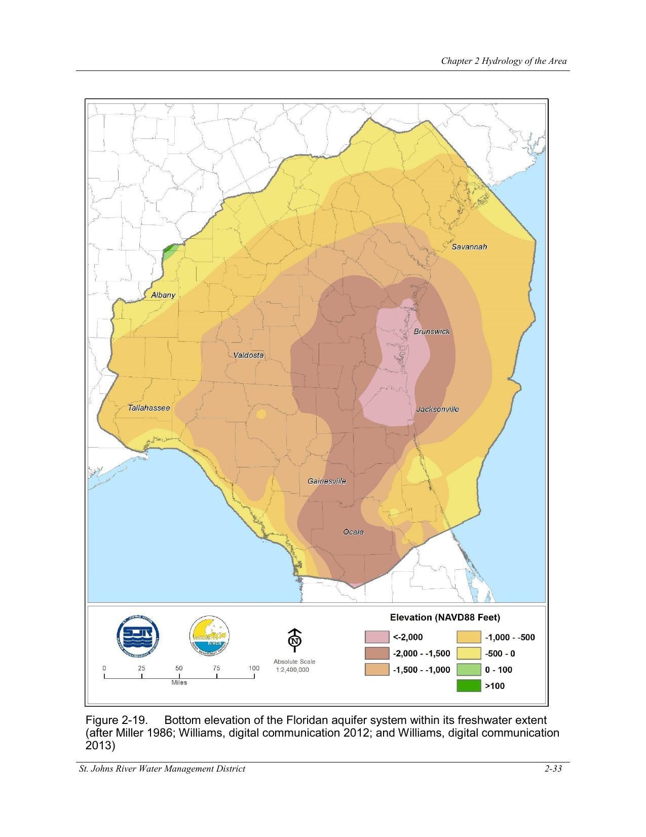 Figure 2-19. Bottom elevation of the Floridan aquifer system within its freshwater extent