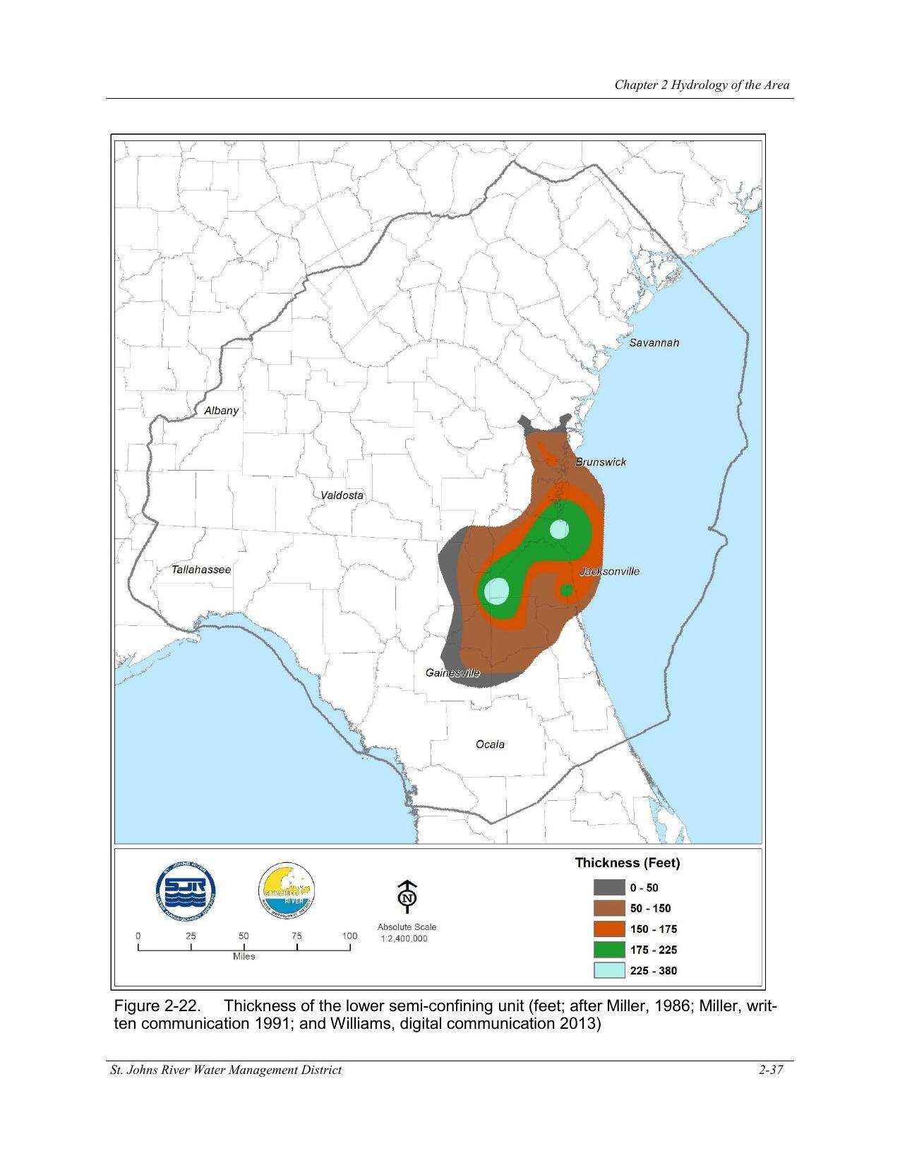 Figure 2-22. Thickness of the lower semi-confining unit (feet; after Miller, 1986; Miller, writ-