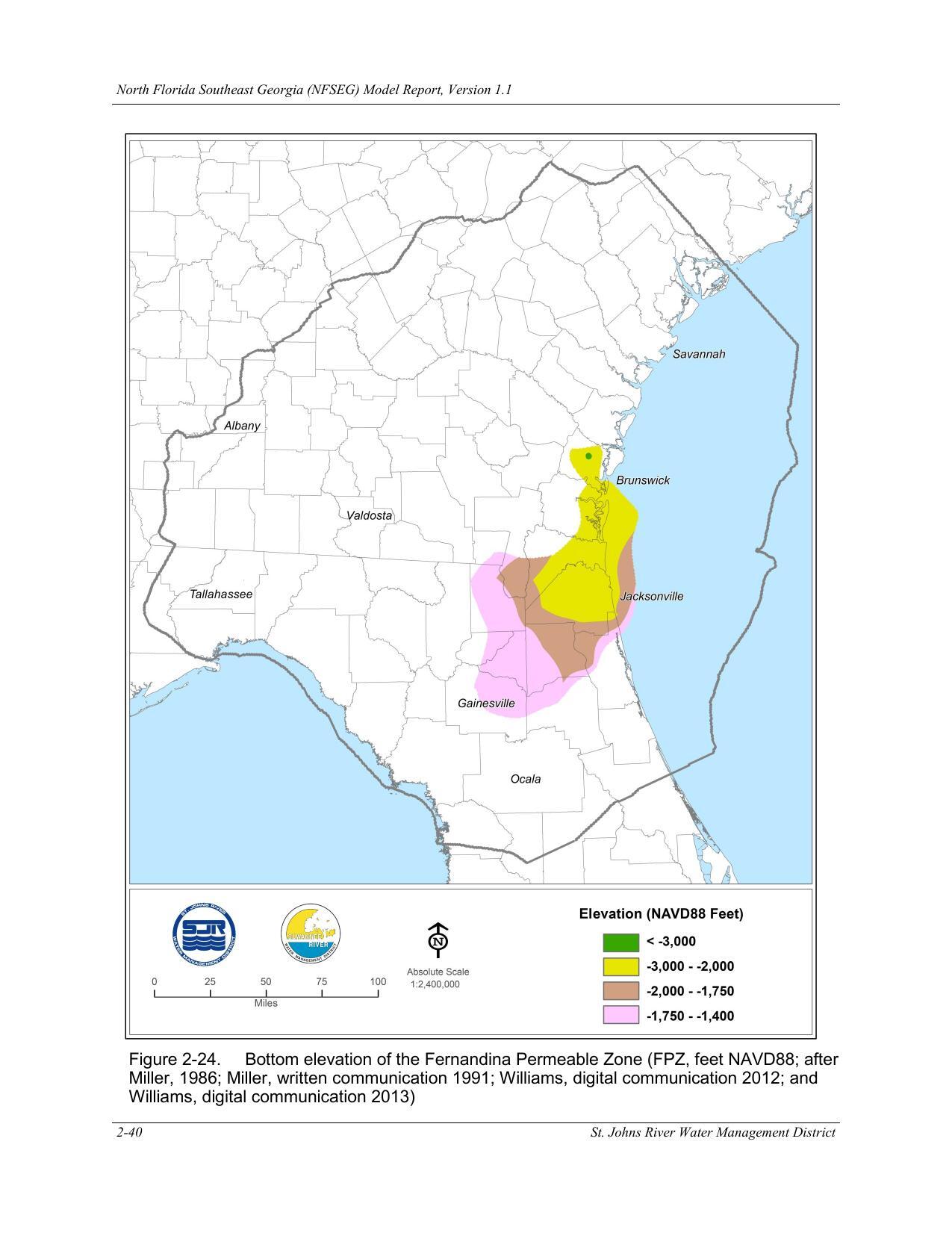 Figure 2-24. Bottom elevation of the Fernandina Permeable Zone (FPZ, feet NAVD88; after