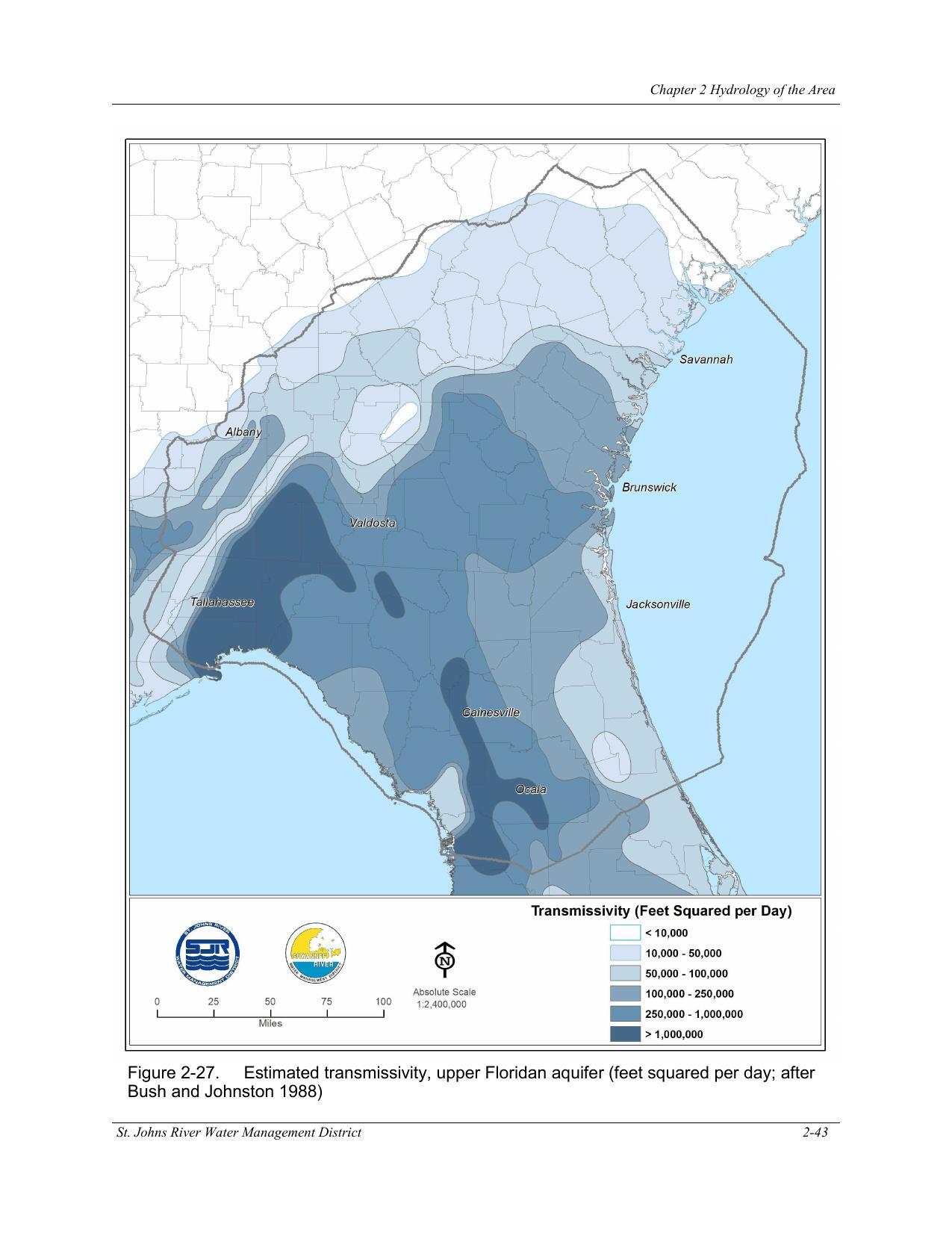 Figure 2-27. Estimated transmissivity, upper Floridan aquifer (feet squared per day; after