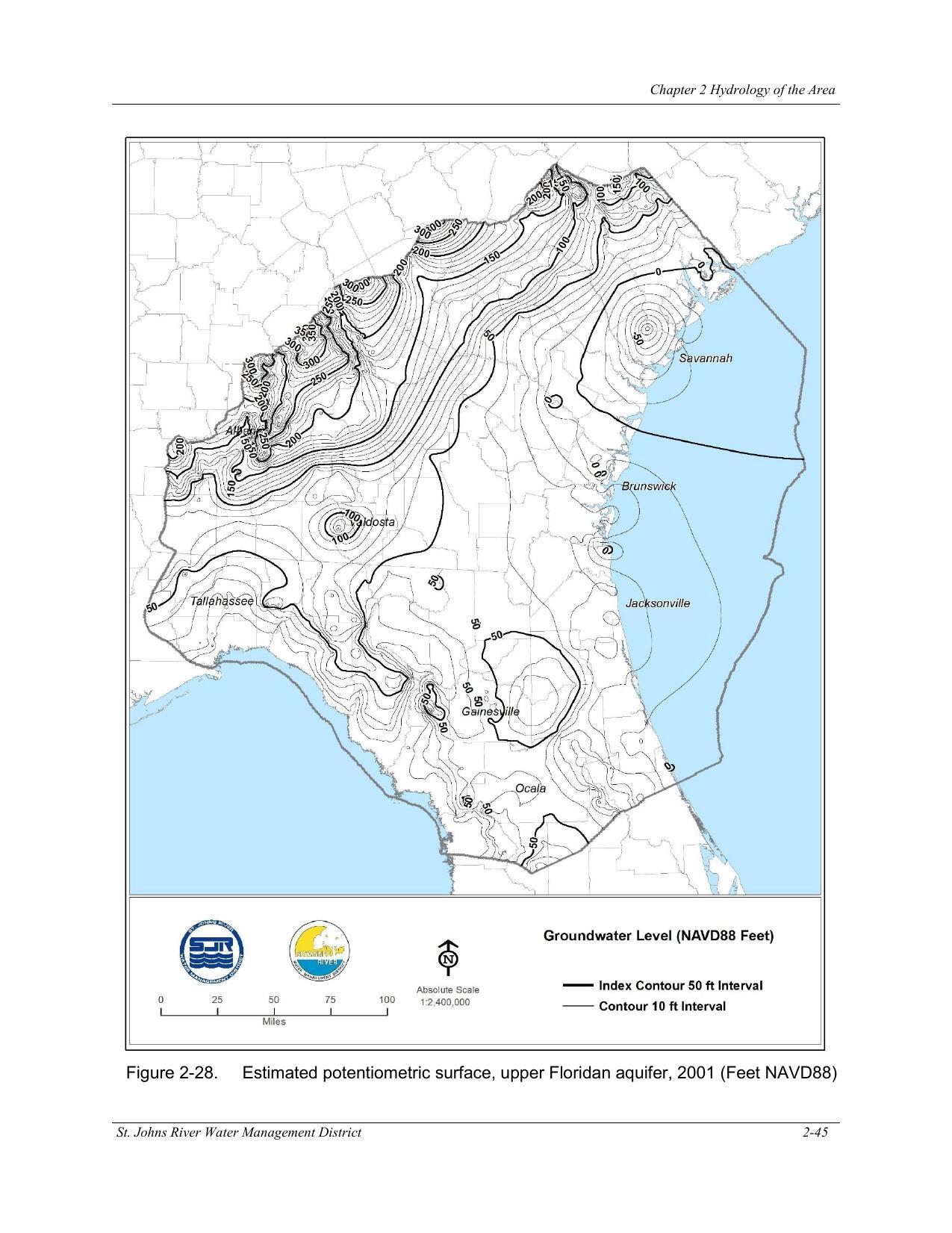 Figure 2-28. Estimated potentiometric surface, upper Floridan aquifer, 2001 (Feet NAVD88)