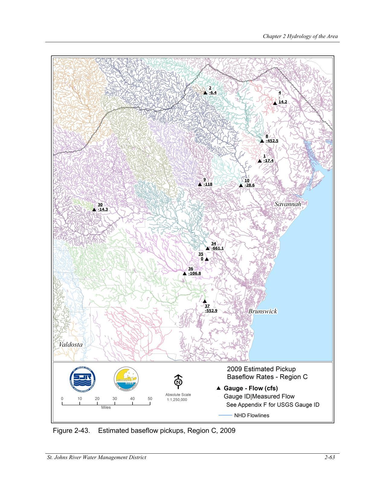 Figure 2-43. Estimated baseflow pickups, Region C, 2009