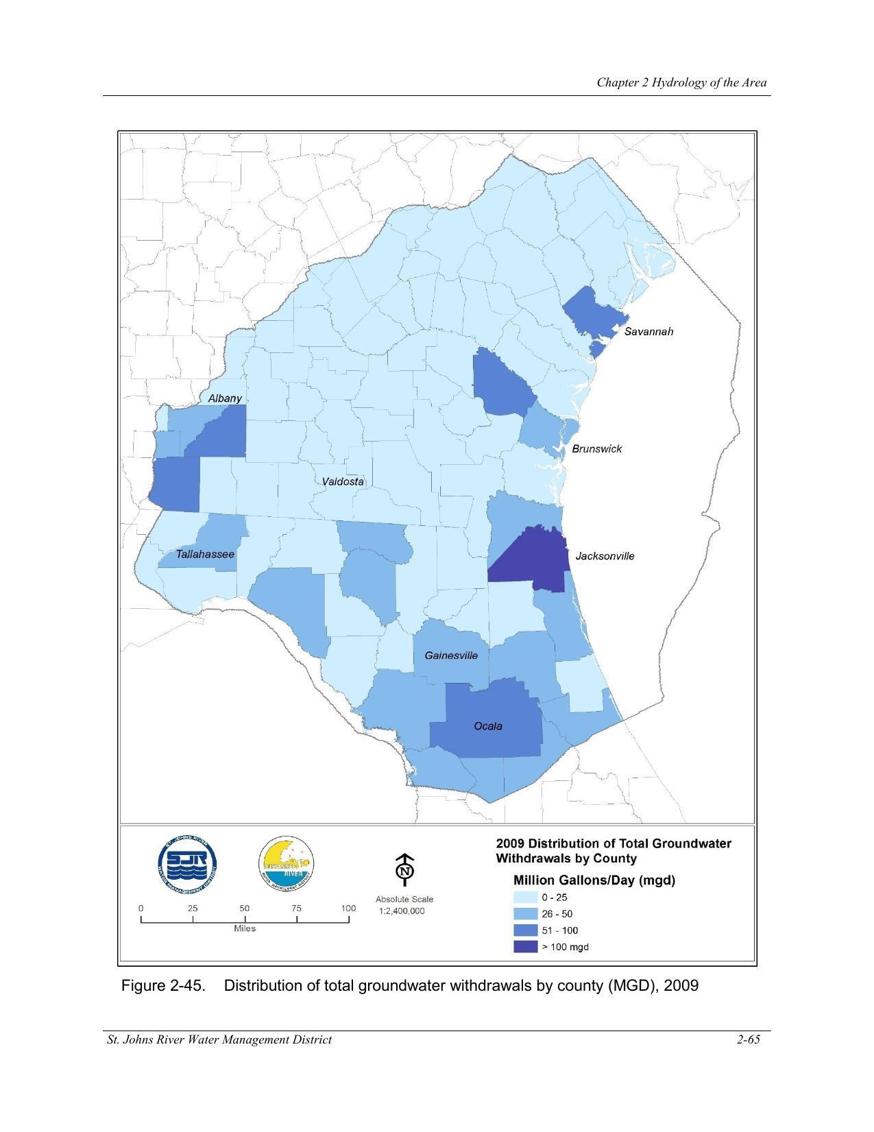 Figure 2-45. Distribution of total groundwater withdrawals by county (MGD), 2009