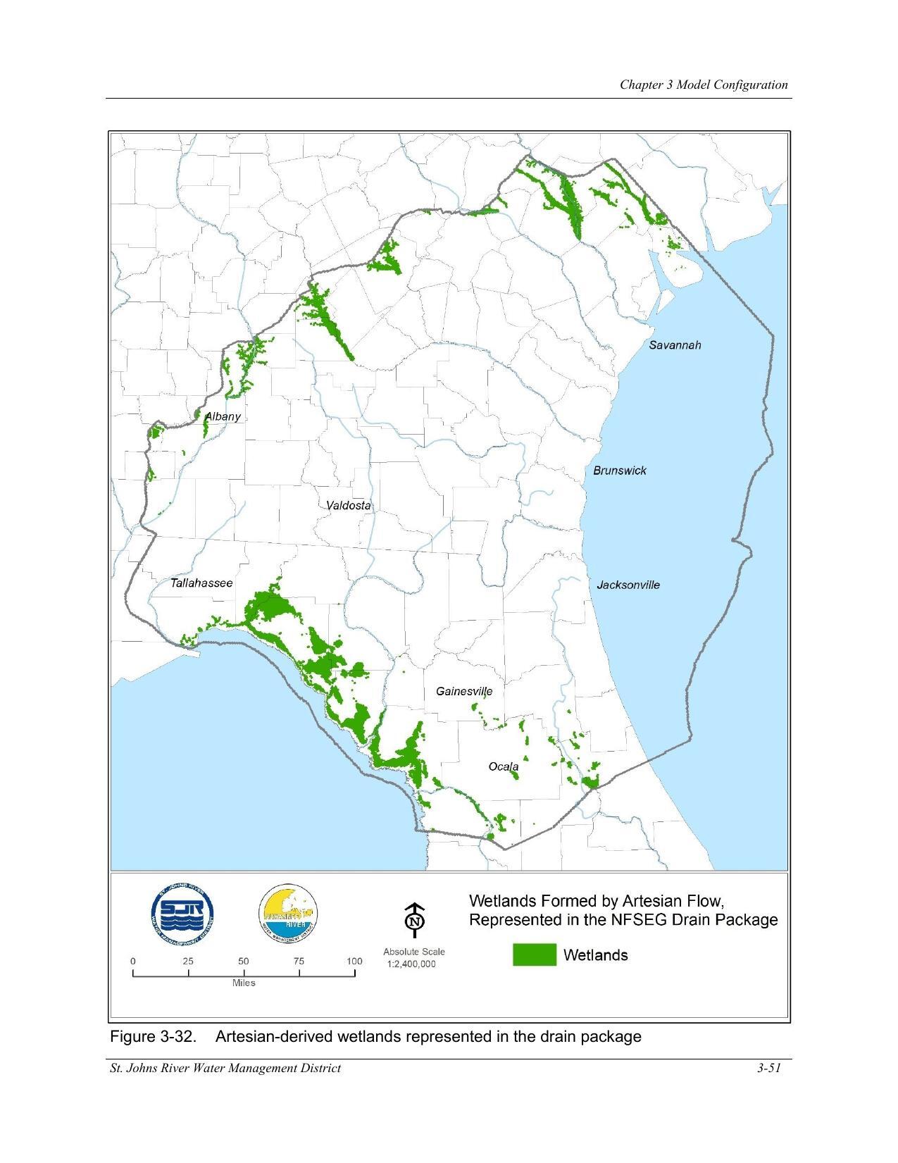 Figure 3-32. Artesian-derived wetlands represented in the drain package