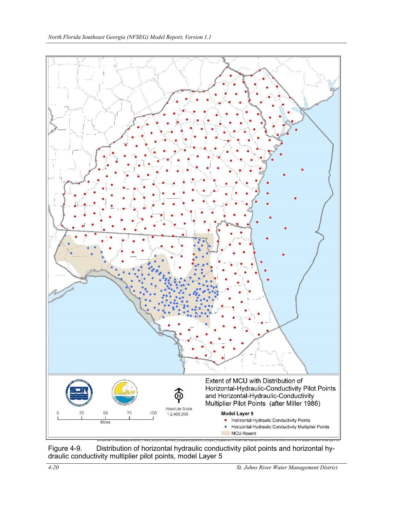 Figure 4-9. Distribution of horizontal hydraulic conductivity pilot points and horizontal hy-