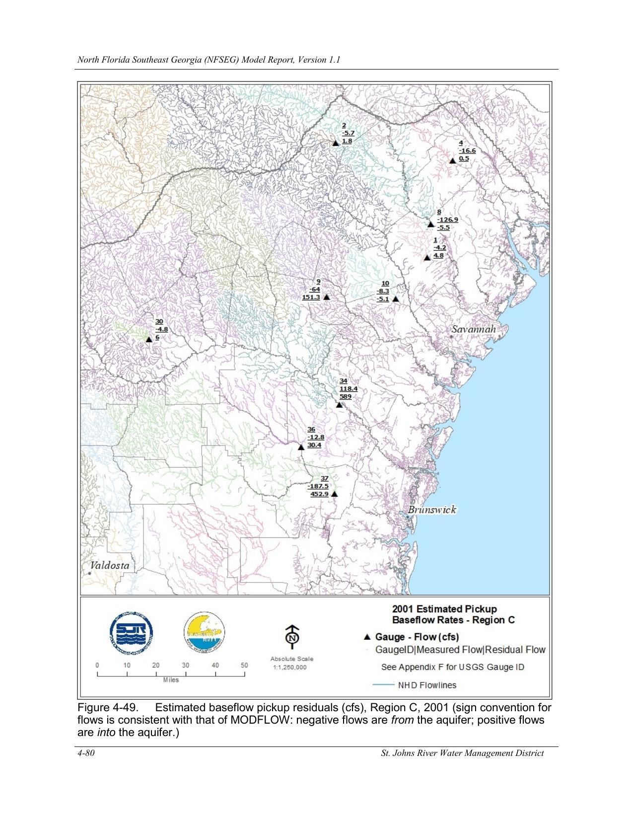 Figure 4-49. Estimated baseflow pickup residuals (cfs), Region C, 2001 (sign convention for