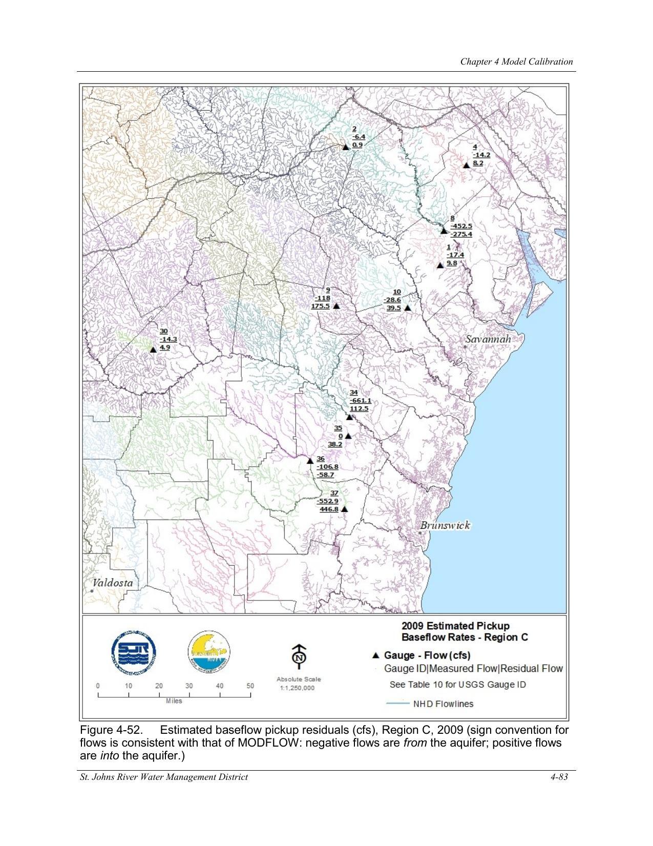 Figure 4-52. Estimated baseflow pickup residuals (cfs), Region C, 2009 (sign convention for